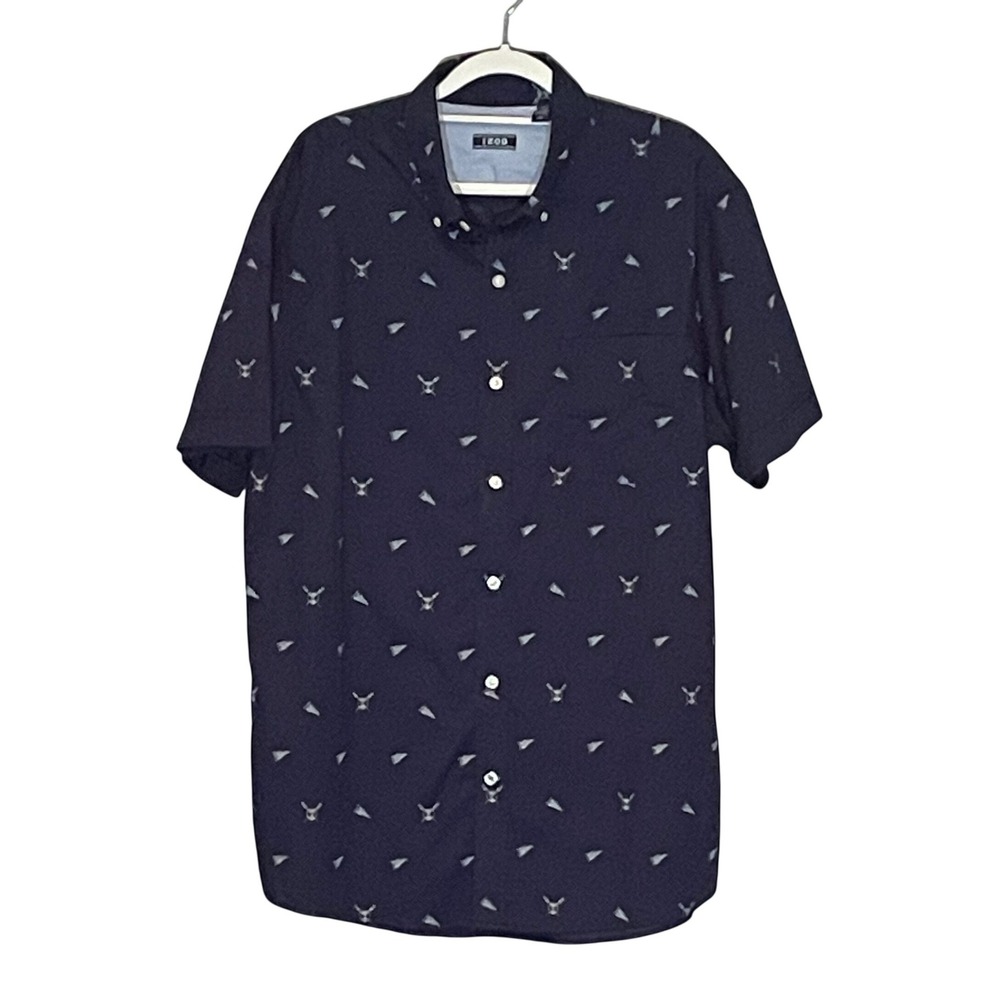 IZOD Short Sleeve Men's‎ Button Down Navy Blue Shirt Size Large Preppy Nautical